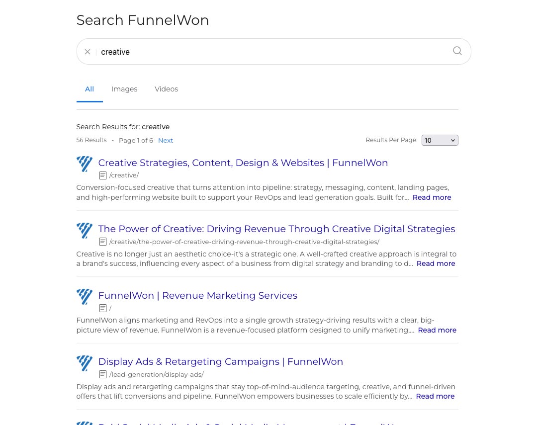 SearchUs search results page in list view with tabs and ranked listings.