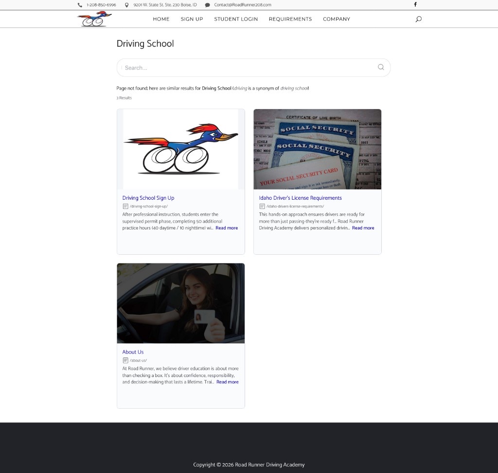 Smart 404 recovery example: page not found with similar SearchUs results for Driving School.
